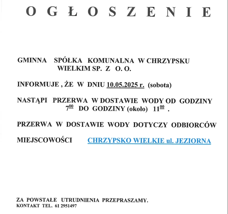 Ogłoszenie - brak wody