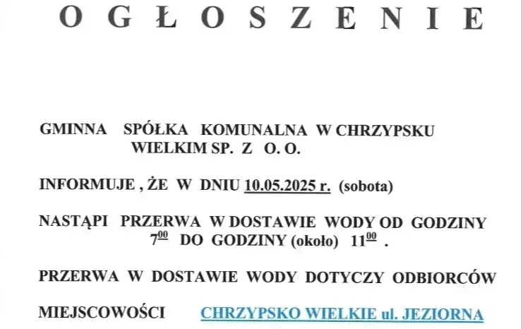 Ogłoszenie - brak wody